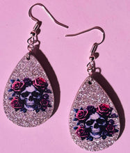 Load image into Gallery viewer, Skull and Roses Wooden Teardrop Earrings -Silver Glitter
