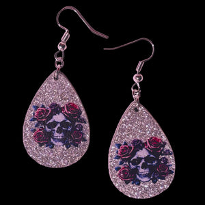 Skull and Roses Wooden Teardrop Earrings -Silver Glitter
