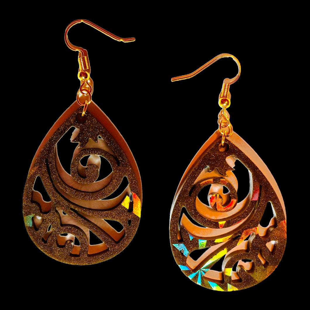 Prismatic Filigree Teardrop Resin Earrings-Brown