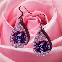 Load image into Gallery viewer, Skull and Roses Wooden Teardrop Earrings -Silver Glitter
