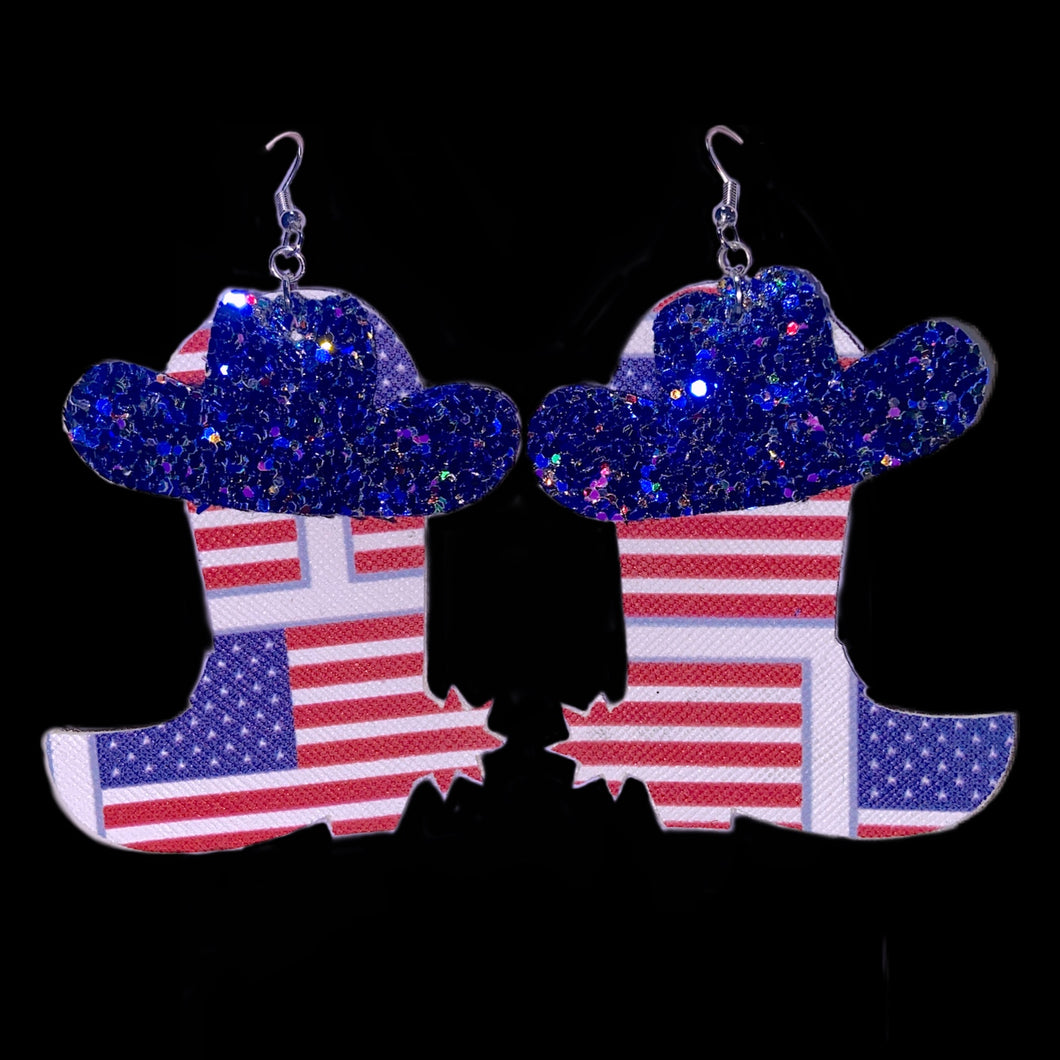 FL Patriotic Stars N Stripes Cowboy Boots and Hat Earrings