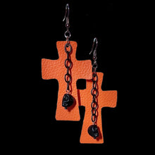 Load image into Gallery viewer, FL Orange Cross Leather with Dangling Skulls Earrings
