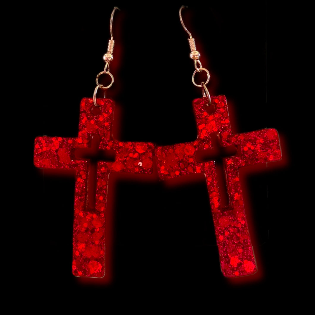 Cross Hollow Glitter Resin Earrings-Red