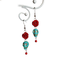 Load image into Gallery viewer, Turquoise Skull with Red Rose Earrings
