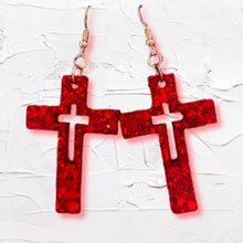 Load image into Gallery viewer, Cross Hollow Glitter Resin Earrings-Red
