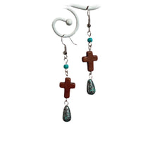 Load image into Gallery viewer, Cross with Turquoise Speckle Earrings-Brn
