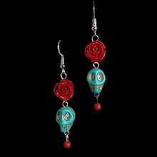 Load image into Gallery viewer, Turquoise Skull with Red Rose Earrings
