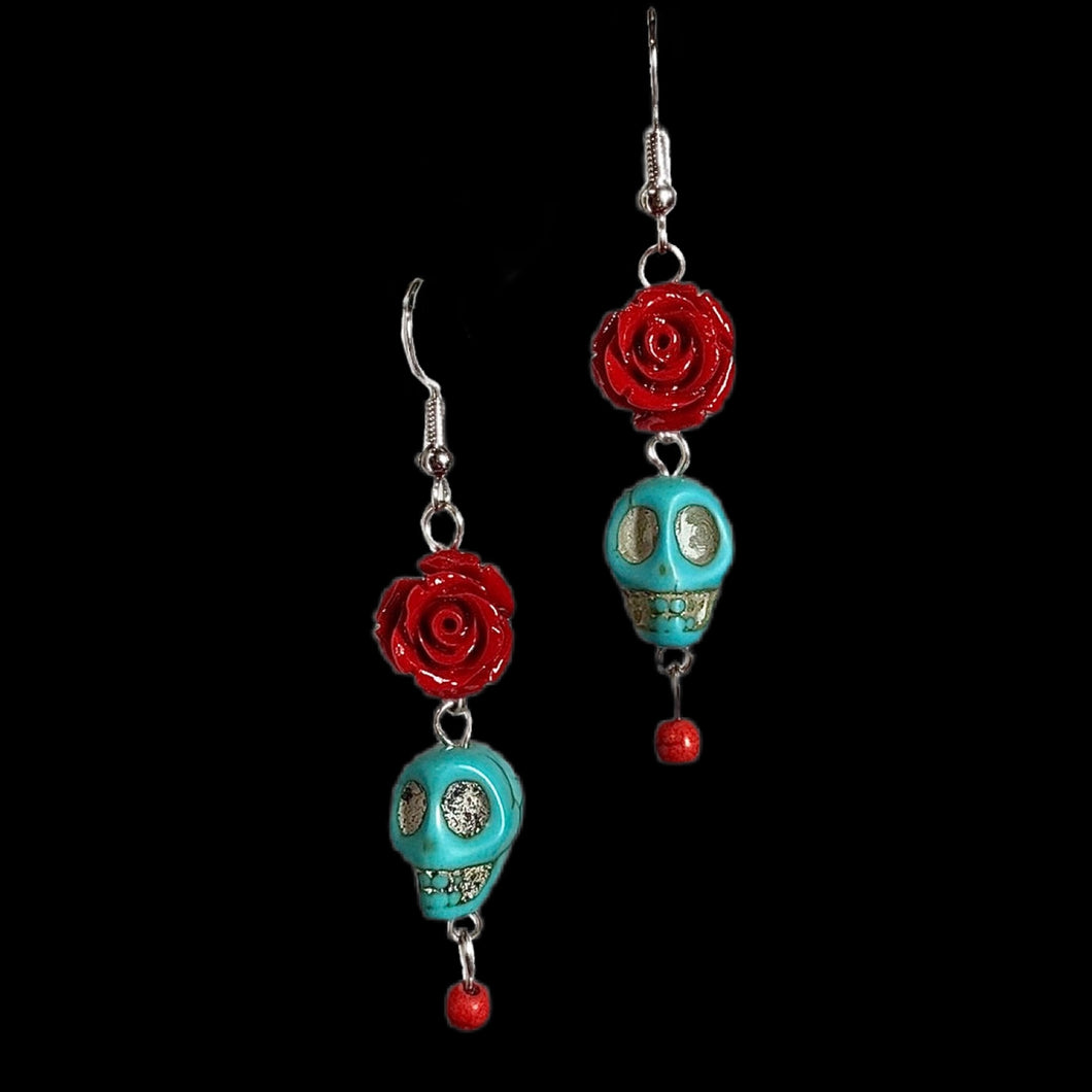 Turquoise Skull with Red Rose Earrings