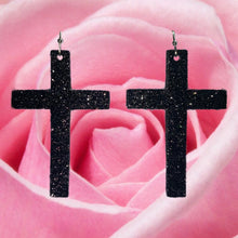 Load image into Gallery viewer, Faux Leather Black Glitter Cross Dangle Earrings
