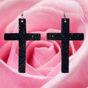 Faux Leather Black Glitter Cross Dangle Earrings