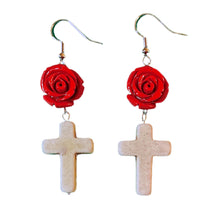 Load image into Gallery viewer, Red Rose Ivory Cross Earrings
