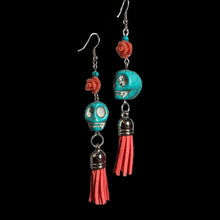 Load image into Gallery viewer, Turquoise and Coral Skull Tassel Earrings
