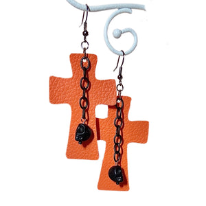 FL Orange Cross Leather with Dangling Skulls Earrings