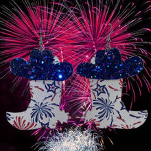 Load image into Gallery viewer, FL Patriotic Fireworks Cowboy Boots and Hat Earrings
