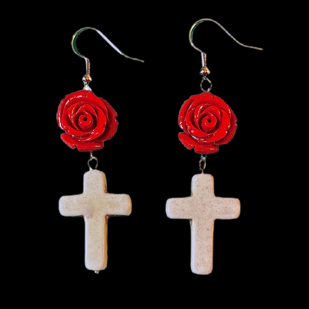 Red Rose Ivory Cross Earrings