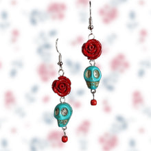 Load image into Gallery viewer, Turquoise Skull with Red Rose Earrings
