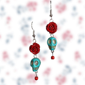 Turquoise Skull with Red Rose Earrings