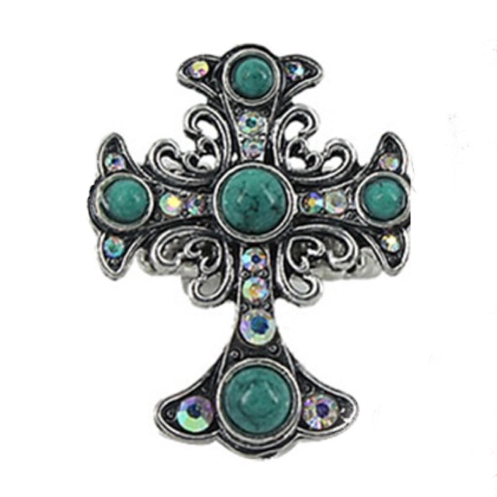 Turquoise and AB Cross Ring (Blk, Tq or Red)