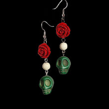Load image into Gallery viewer, Red, White and Green Skull Earrings
