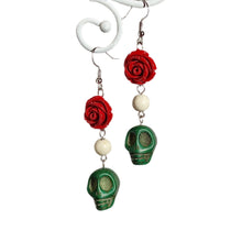 Load image into Gallery viewer, Red, White and Green Skull Earrings
