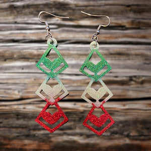DiamondHeart Stack Resin Earrings-VivaGrnWhtRd