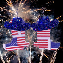 Load image into Gallery viewer, Faux leather double sided American flag boots with blue glitter cowboy hat dangle earrings 
