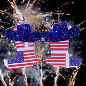 Faux leather double sided American flag boots with blue glitter cowboy hat dangle earrings 
