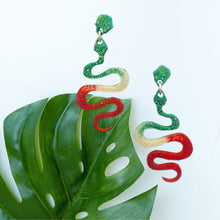 Load image into Gallery viewer, Hanging Snake Earrings-GrnWhtRd
