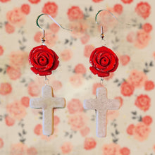 Load image into Gallery viewer, Red Rose Ivory Cross Earrings

