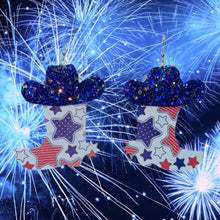 Load image into Gallery viewer, Double sided faux leather patriotic stars cowboy boots and blue glitter cowboy hat dangle earrings 
