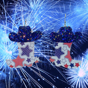 Double sided faux leather patriotic stars cowboy boots and blue glitter cowboy hat dangle earrings 
